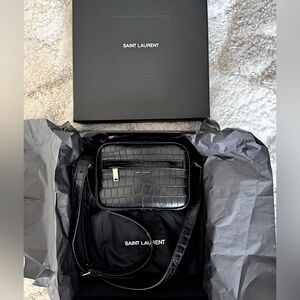Saint Laurent Black Leather Croc Embossed Crossbody Camera  Bag